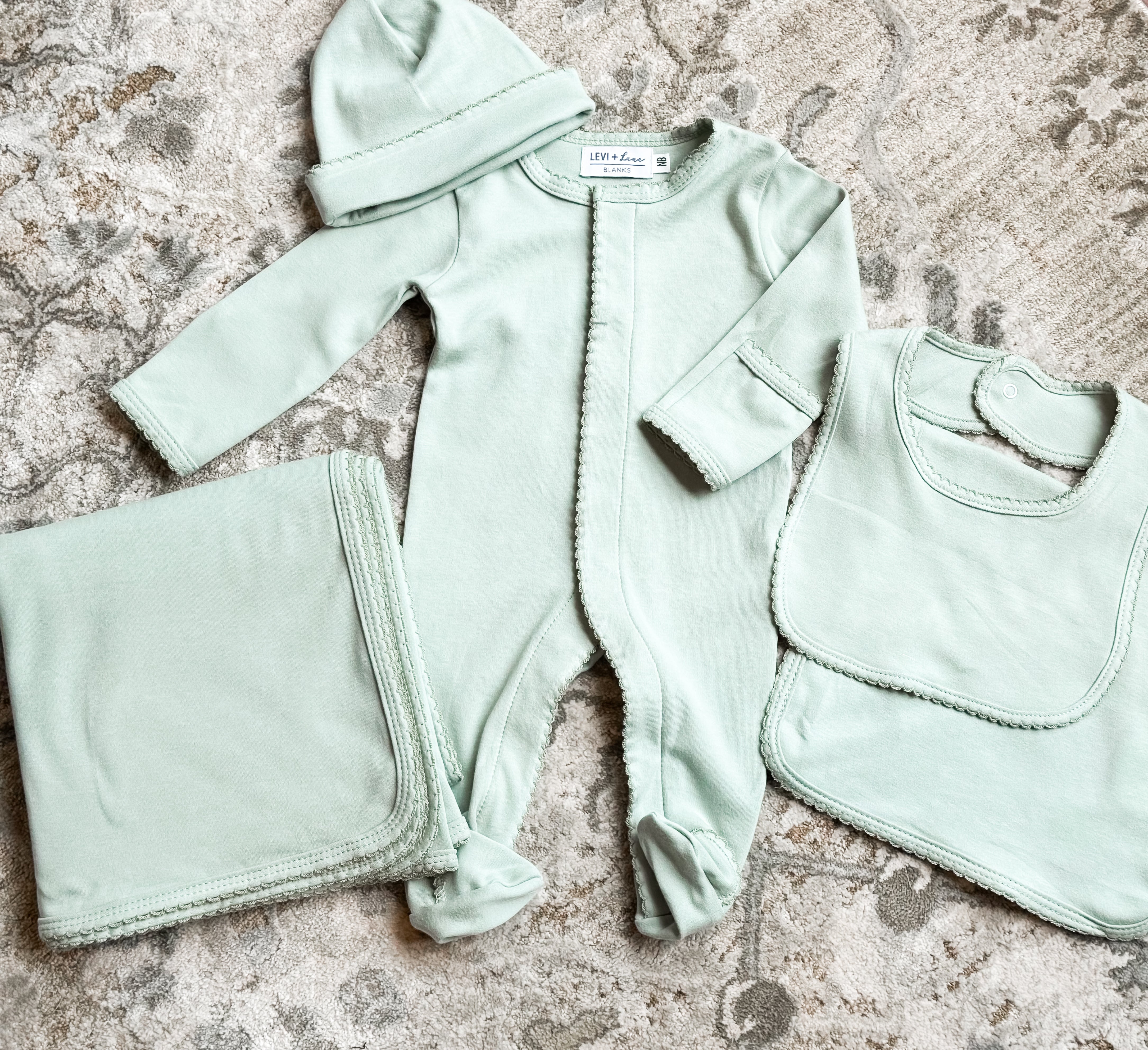 Blank Cotton Footie- Picot Trim Premie- Blue w/Blue Trim